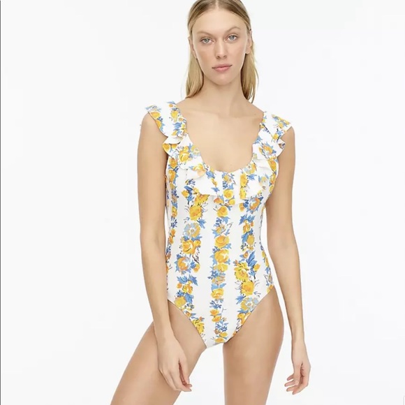 J.Crew Ruffle Scoopback One Piece Swimsuit Floral Size 2 AV277 - Picture 8 of 9